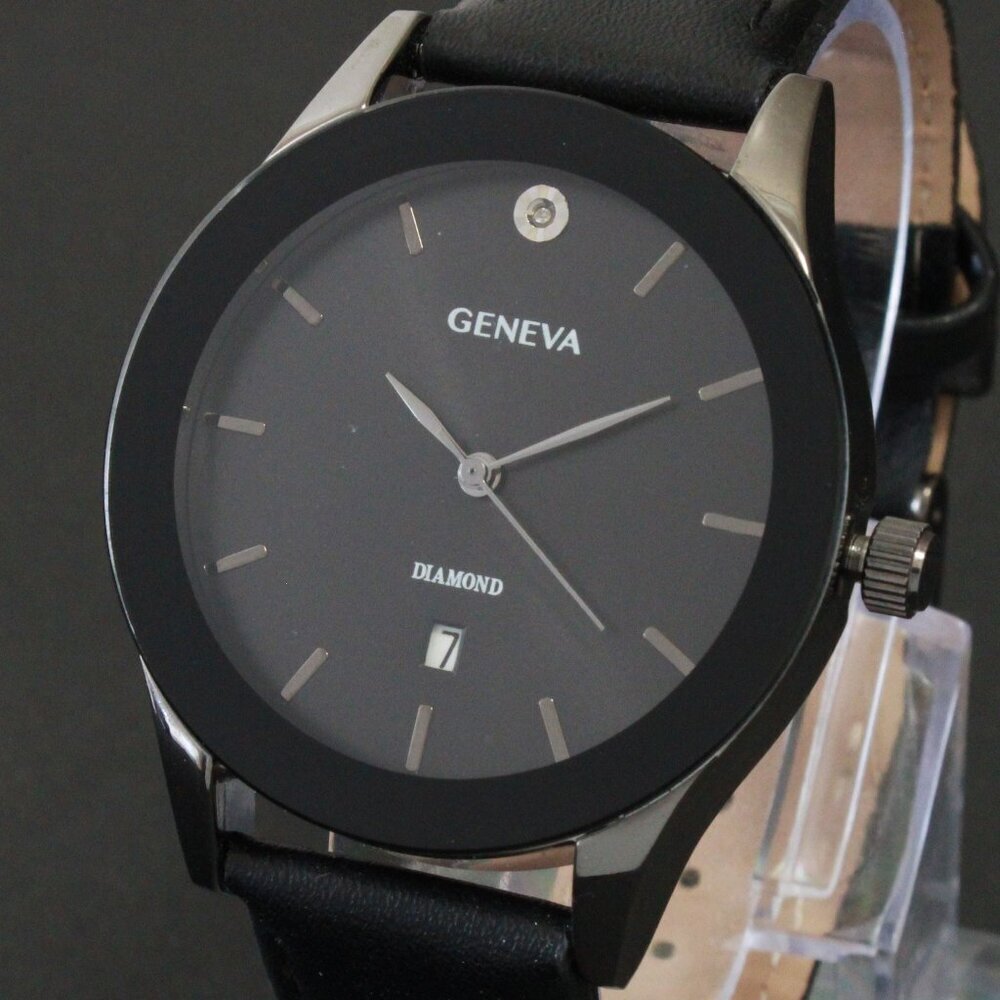 Geneva Men's Dress Watch Diamond At 12 Blacked Out Leather Strap 42mm - Picture 10 of 13